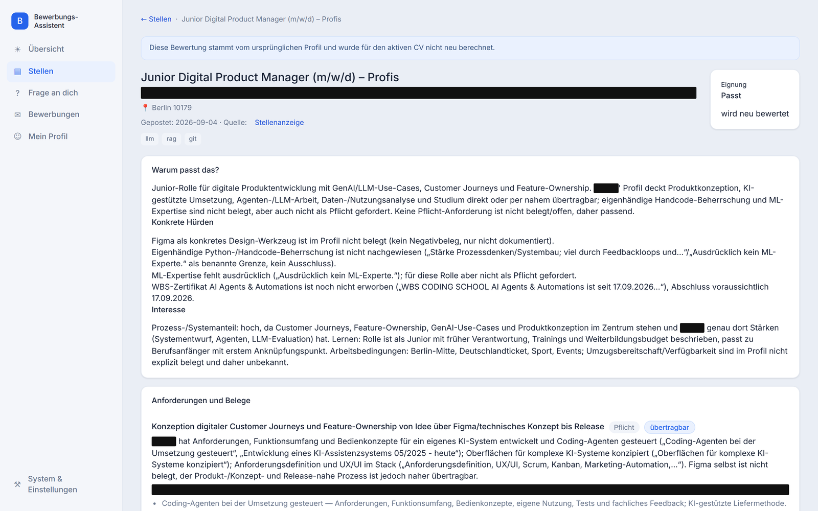 Stellendetail mit Begründung, Hürden und Anforderungen mit Belegen, Firmenname geschwärzt