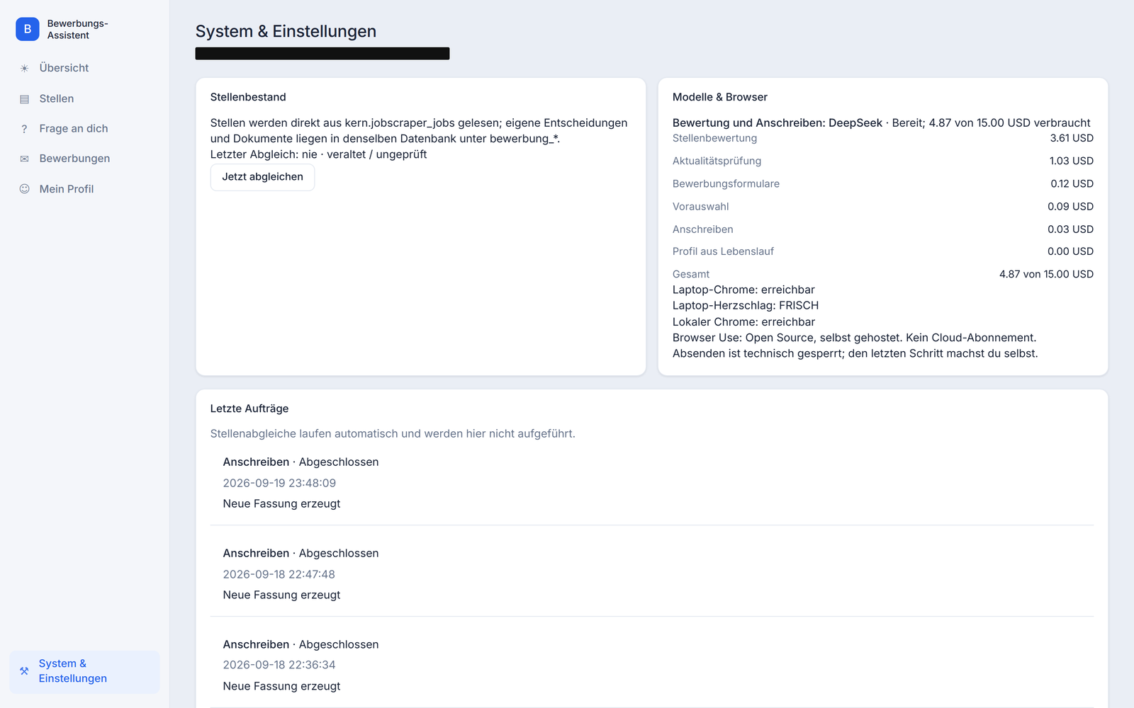 Systemseite mit Kosten je Zweck gegen das Budget und Browser-Stand