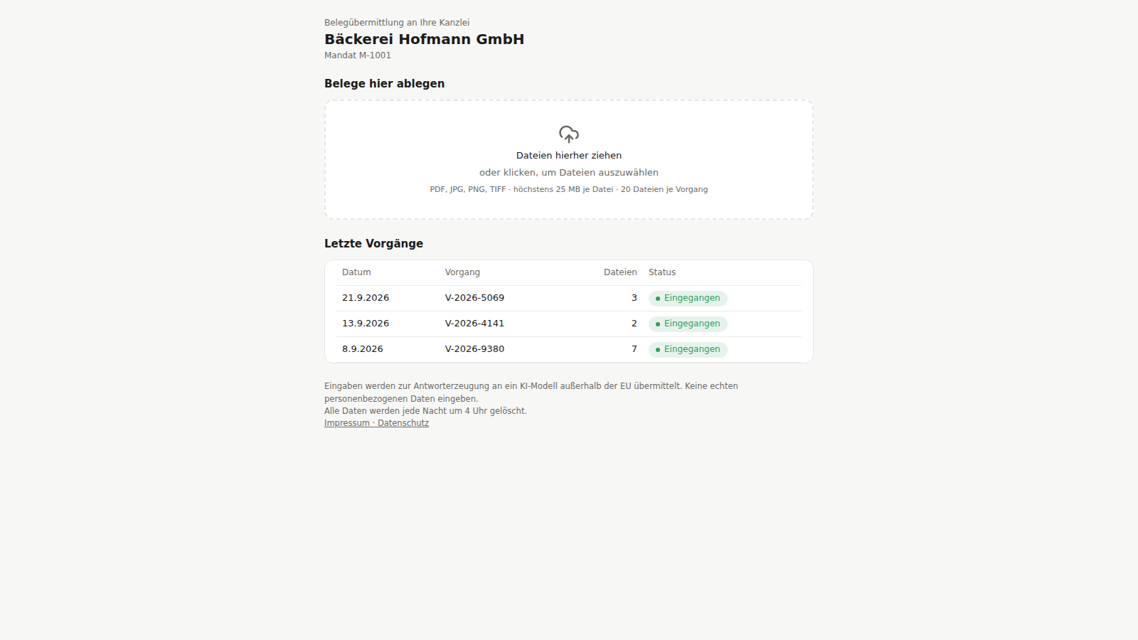 Mandantenportal mit Upload und Stand der eigenen Belege