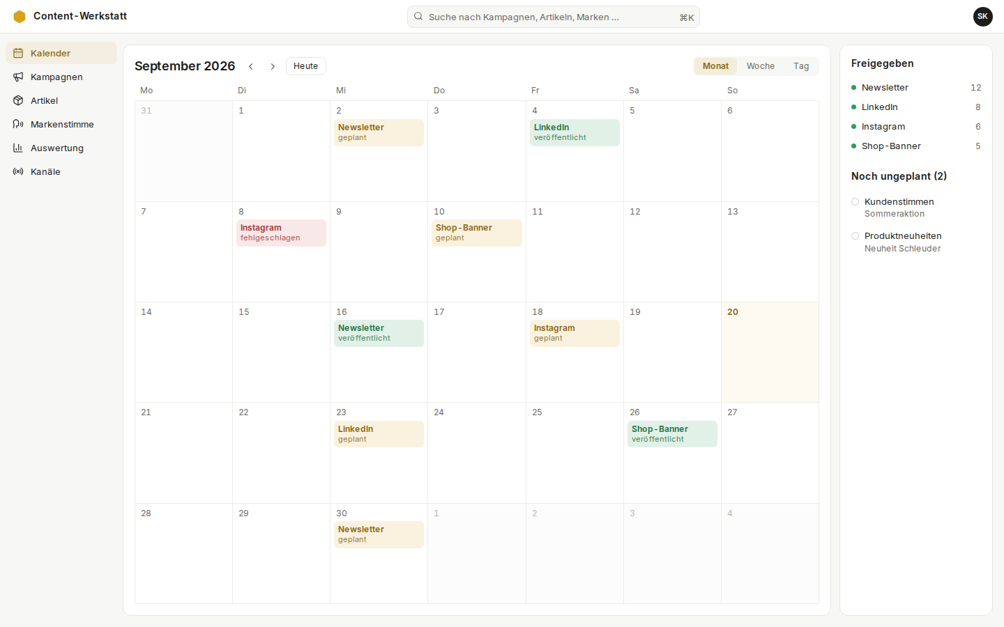 Redaktionskalender der Content-Werkstatt mit Terminen je Kanal