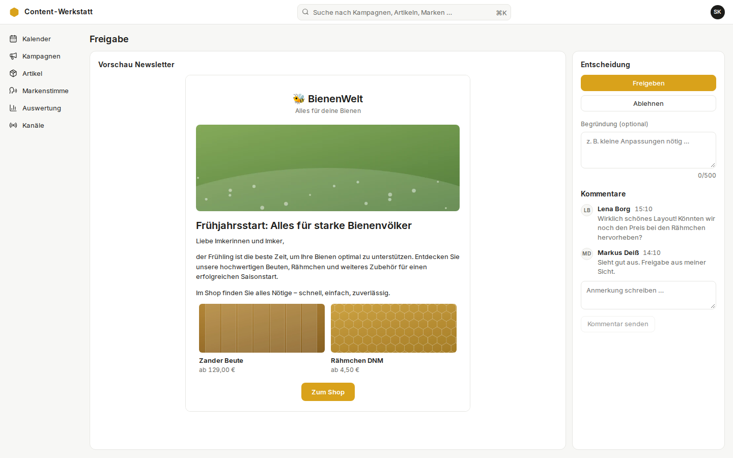 Freigabeansicht mit gerendertem Newsletter, Entscheidung und Kommentaren
