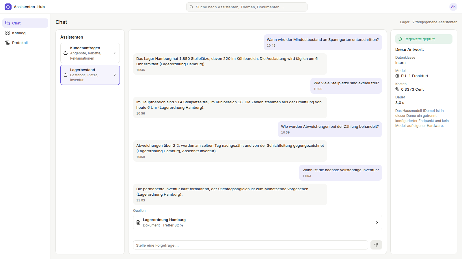 Chat mit Assistentenliste, Verlauf, Quellen und Angaben zu Datenklasse, Modell, Kosten und Dauer
