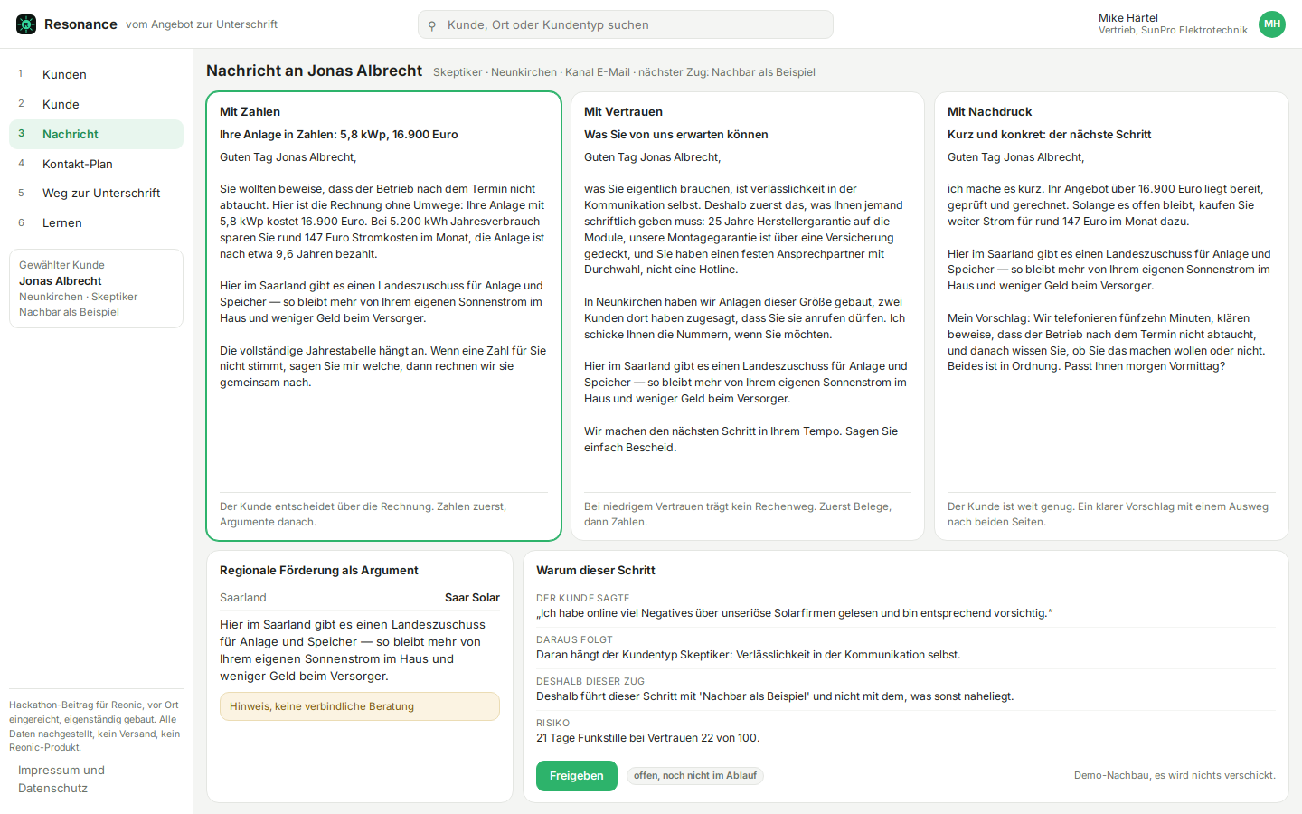 Nachrichtenansicht mit drei Varianten, Begründung und Freigabe
